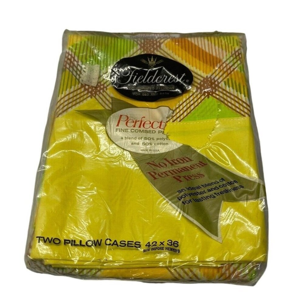 2 Vtg Pillowcases Fieldcrest  NOS 42 x 36 MCM Yellow Brown Green